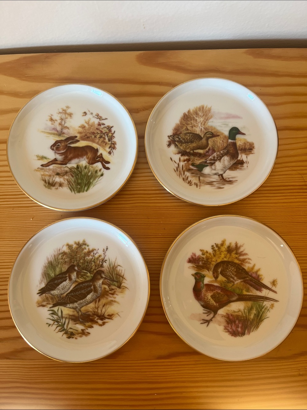 Vintage Furstenberg Germany Porcelain Wildlife Gold Trim Coasters Plates Set 4